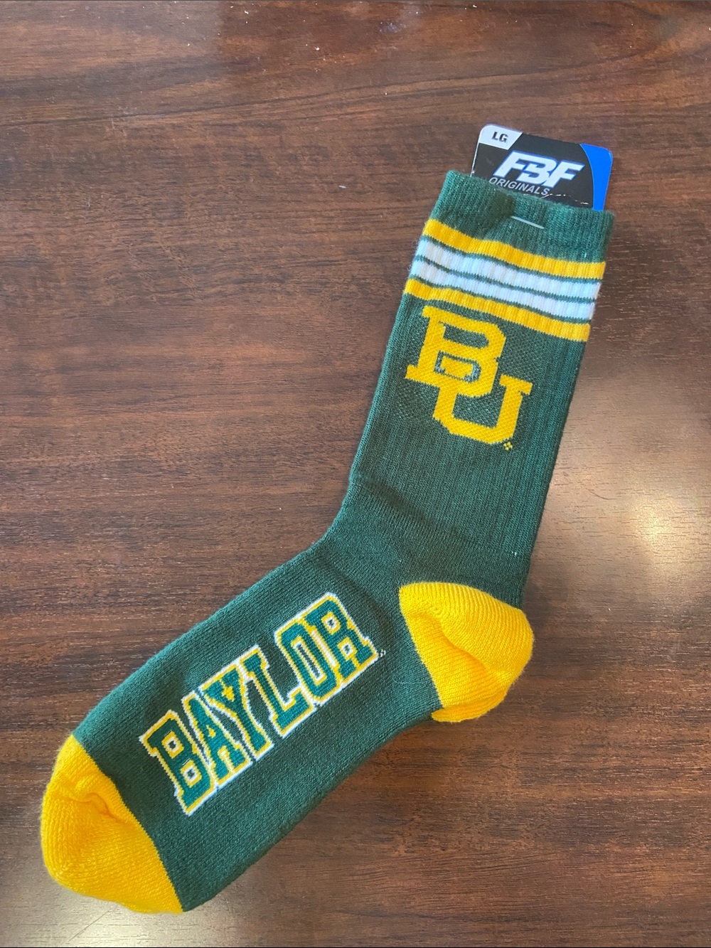 Baylor University BU Bears FBF Originals Crew Socks Green Gold Large NWT